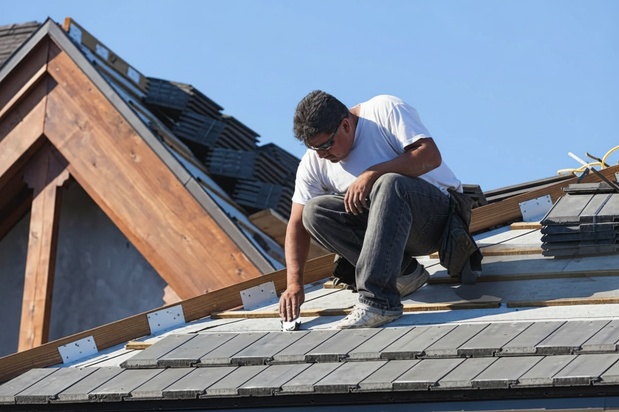 A man in a white shirt and jeans installs or repairs gray roof shingles on a sloped house roof under a clear blue sky. He is kneeling and using a small tool, with stacks of tiles nearby.