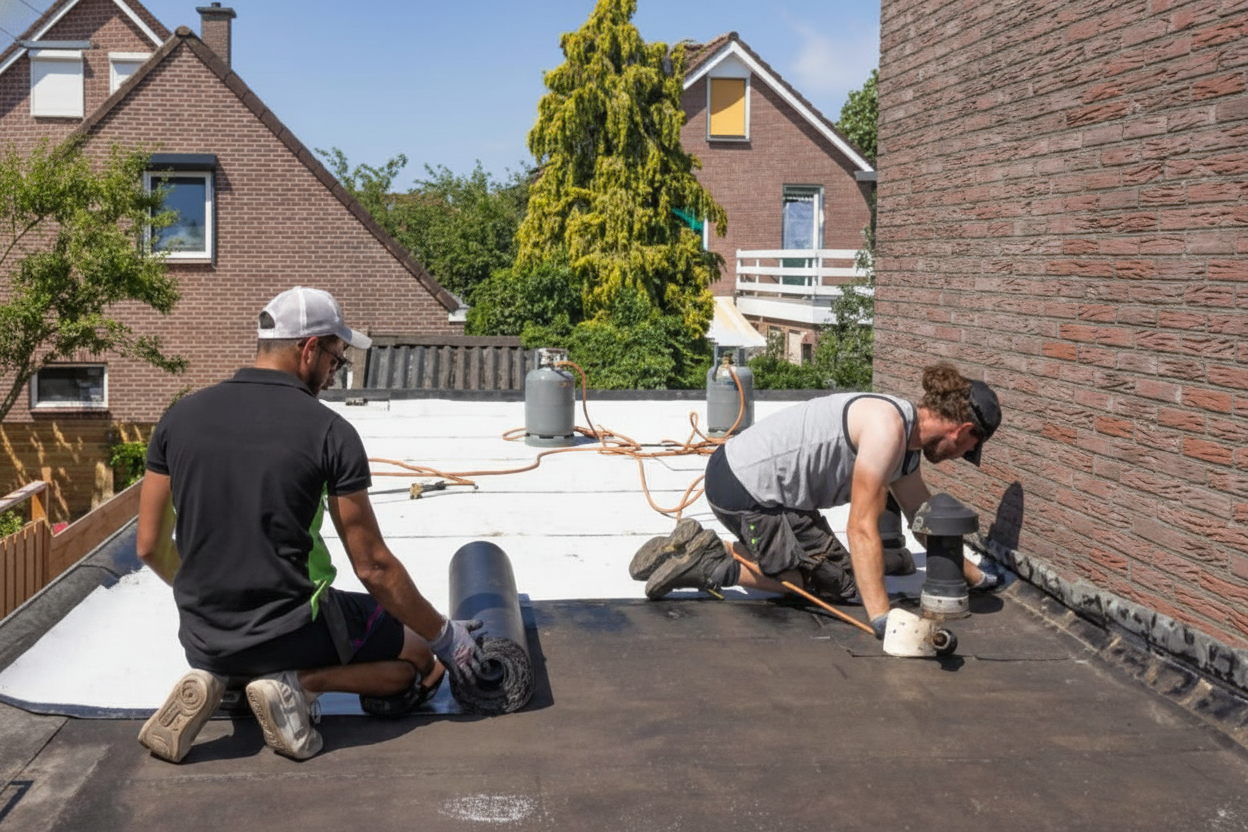 Two workers are kneeling on a flat roof, installing roofing material with tools and gas tanks nearby. Houses and trees are visible in the background on a sunny day.