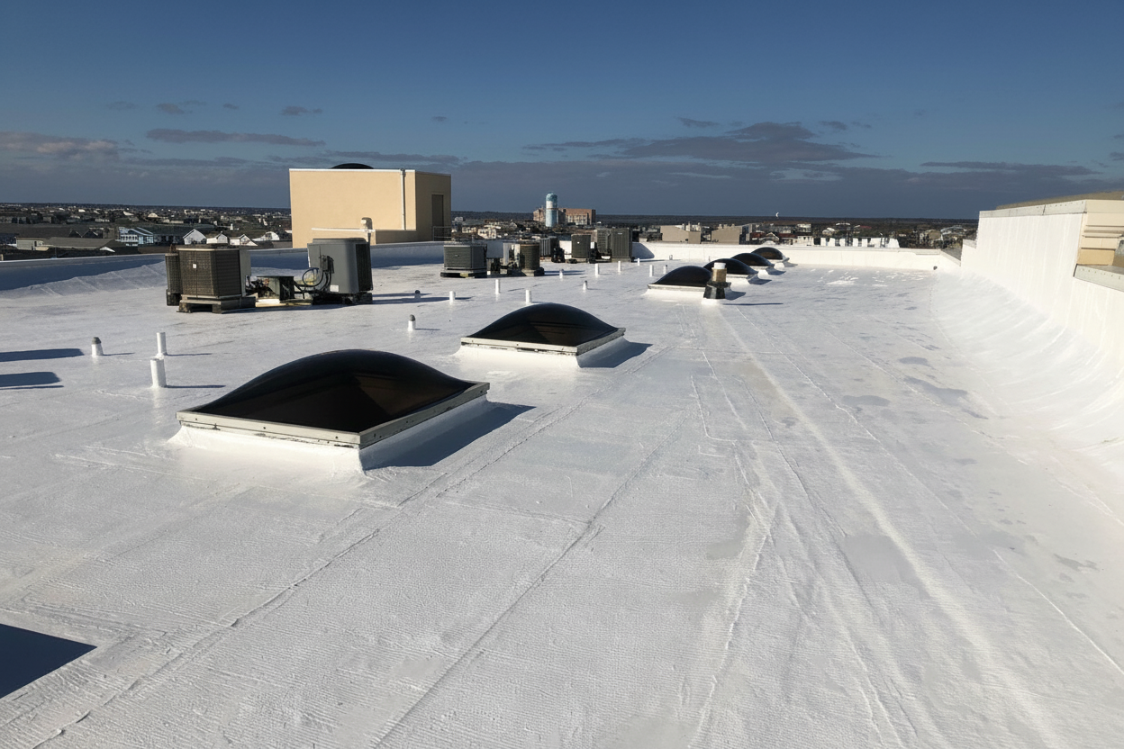 Aerial view of commercial flat roof with HVAC units, showing typical commercial roofing structure