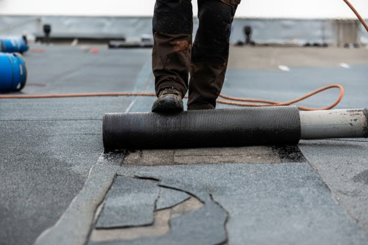 A worker in dark pants installs roofing material on a flat roof, unrolling a sheet of black waterproof membrane. Construction equipment and tools are visible in the background.