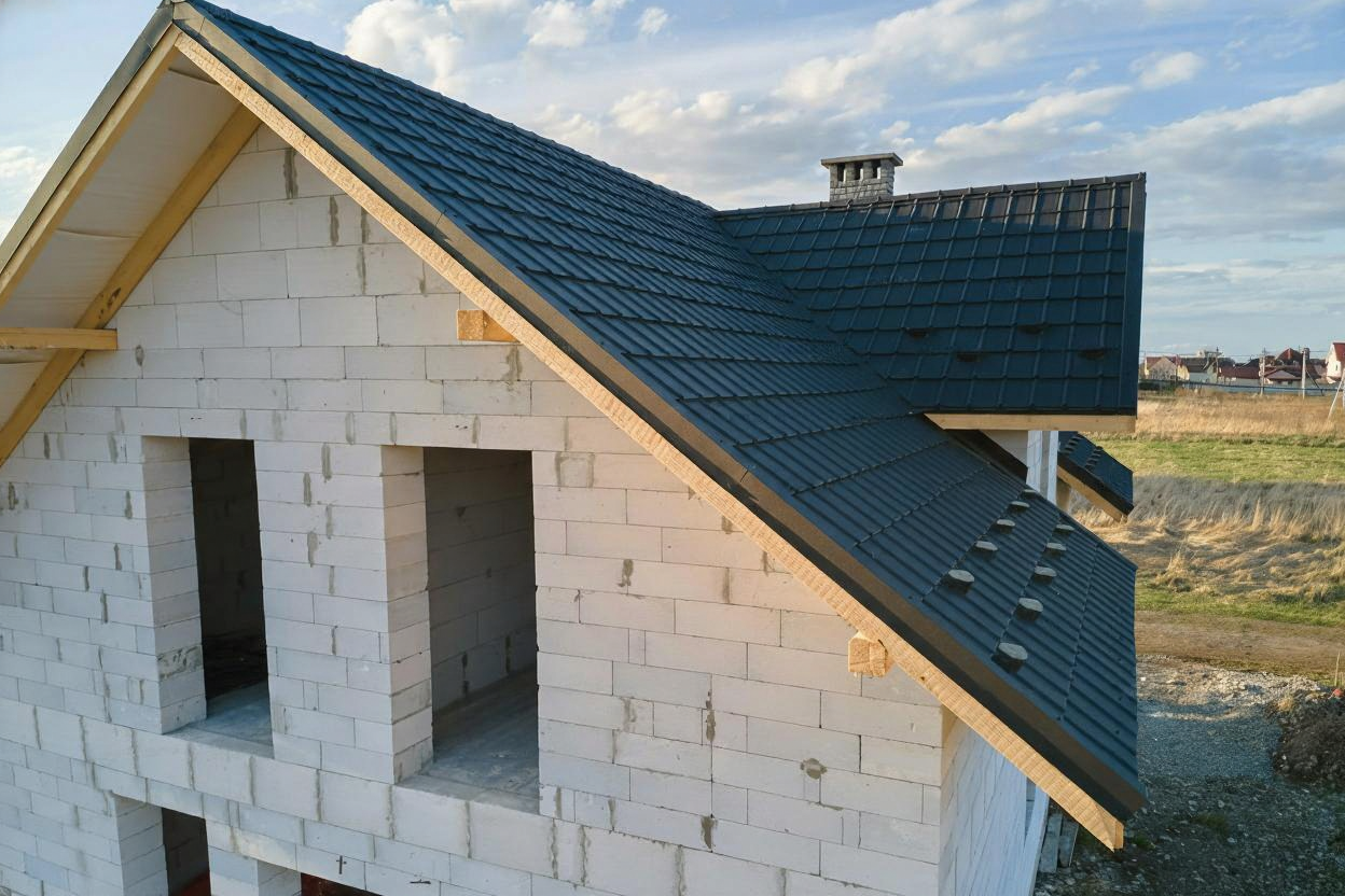 Commercial building with metal roofing installation