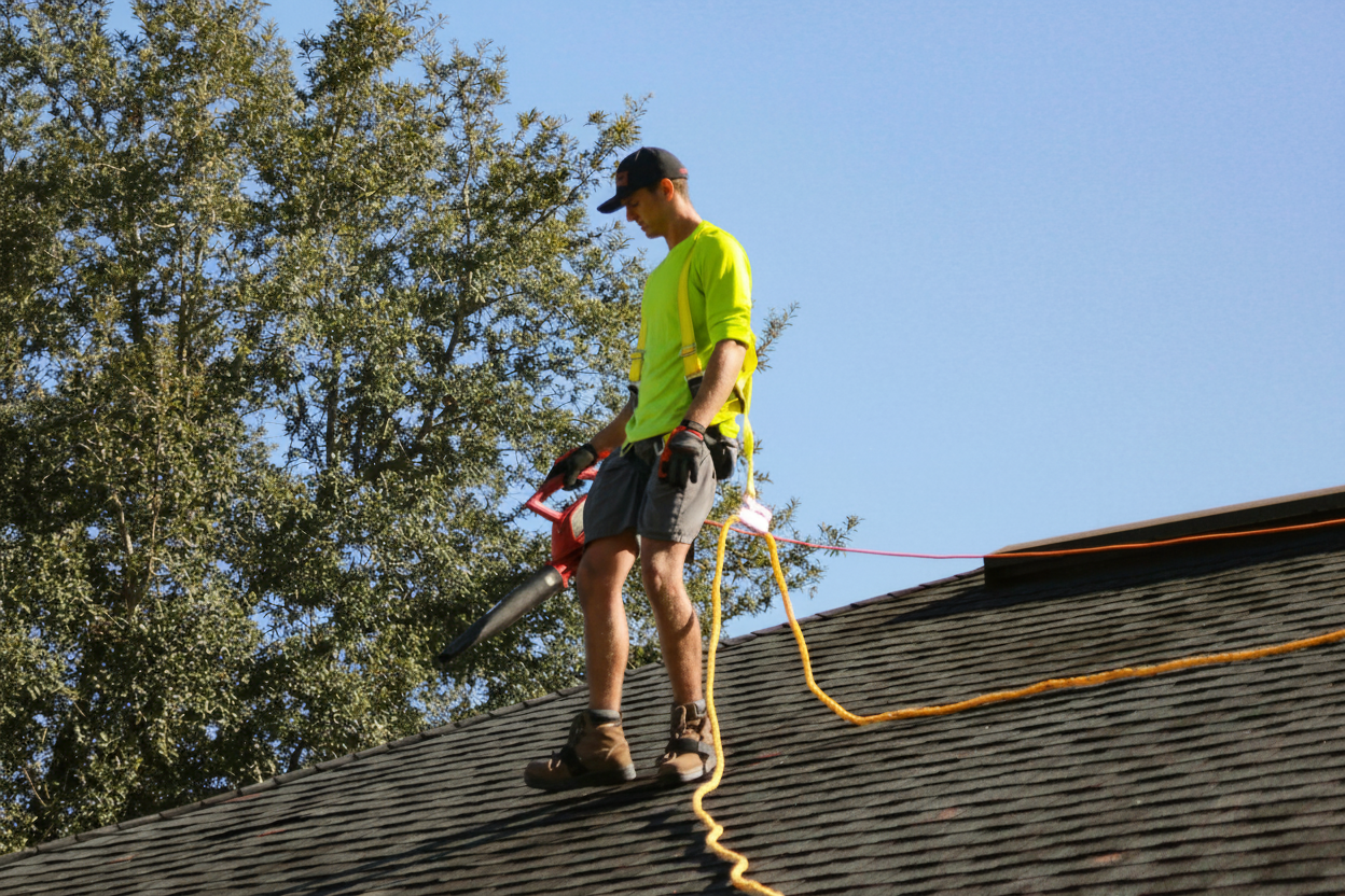 A man wearing a neon yellow shirt, shorts, and boots uses a leaf blower to clean a sloped roof. He is secured with a safety harness and rope, with trees and a clear blue sky in the background.