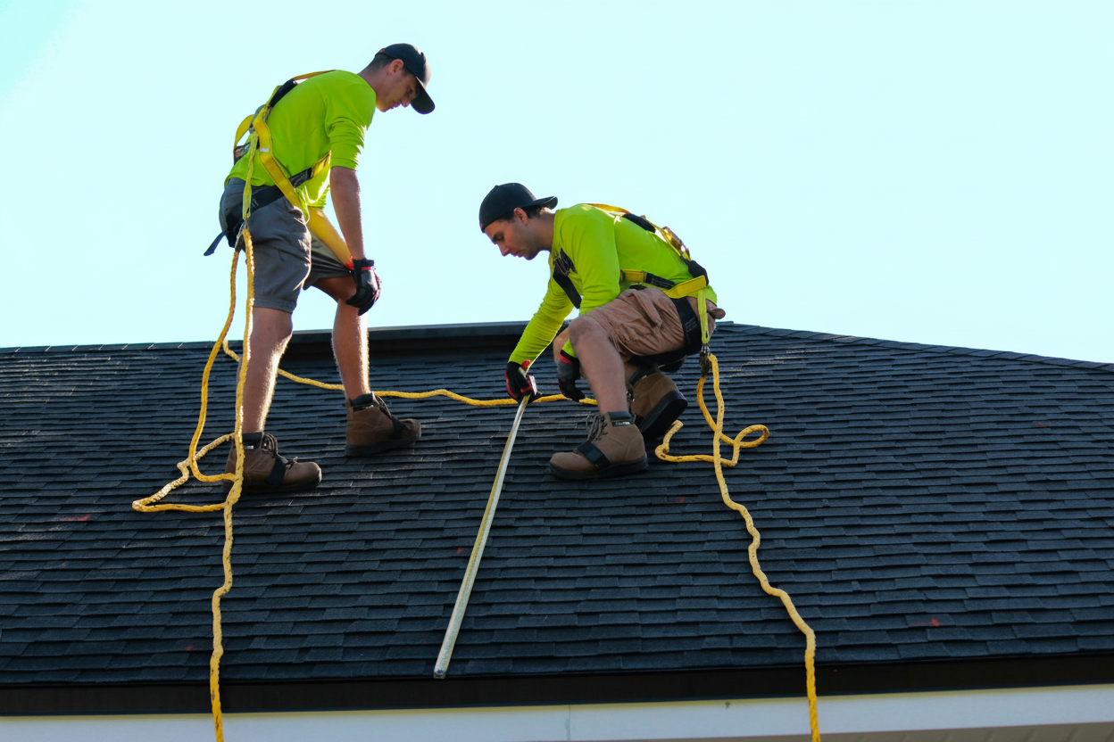 Commercial roof maintenance workers in safety gear inspecting and cleaning a flat commercial roof