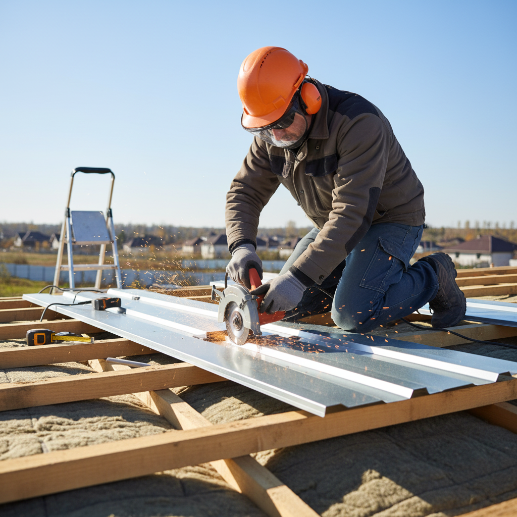 A construction worker wearing safety gear uses an electric saw to cut a metal sheet on a rooftop, with sparks flying, under a clear blue sky. Tools and materials are scattered nearby.
