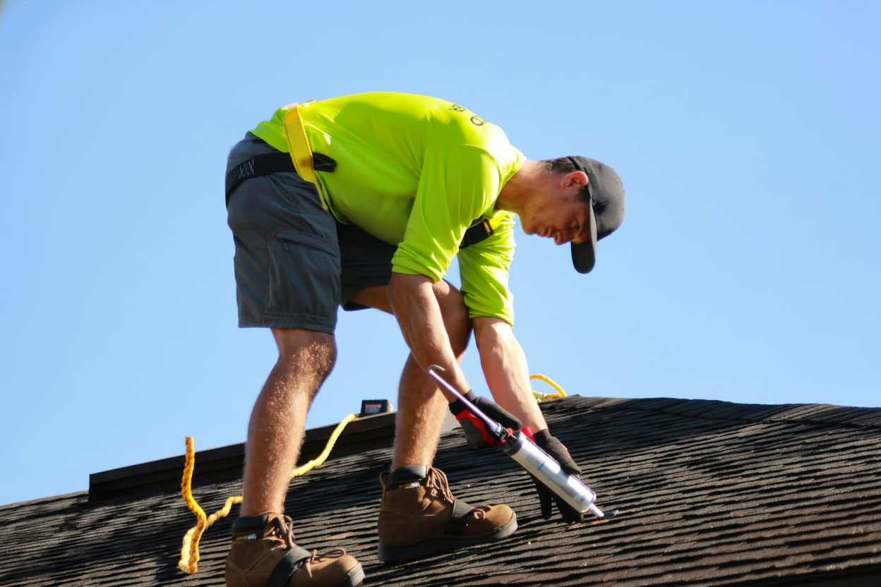 A worker in a bright yellow shirt and safety gear applies sealant to a shingled roof with a caulking gun under a clear blue sky.