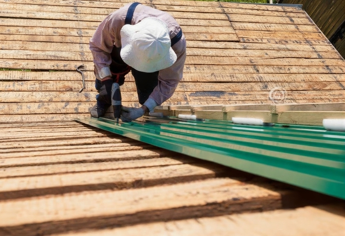 Professional roofing contractors installing corrugated metal panels on a residential home, showing the installation process with safety equipment