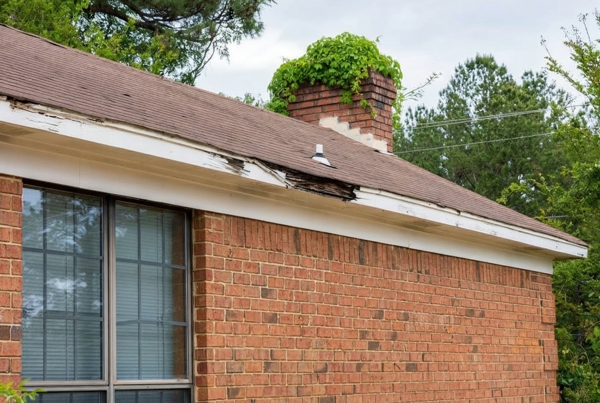 Homeowner examining damaged and rotted fascia board with visible water damage on house exterior