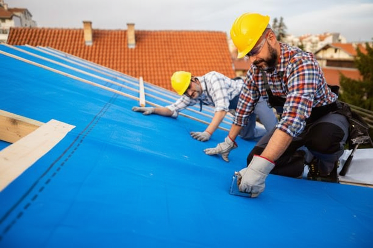 Professional roofing team installing EPDM membrane on a commercial flat roof, showing workers in safety gear applying rubber roofing material