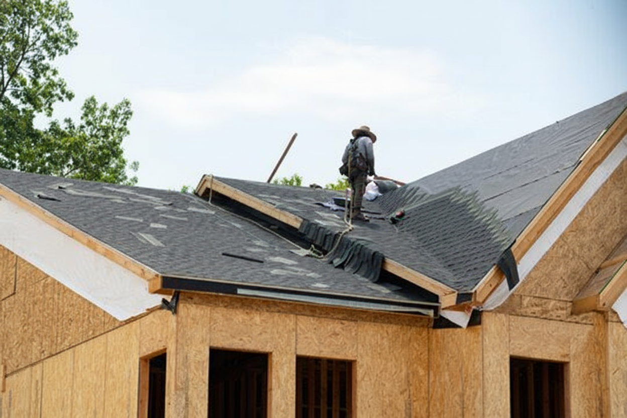 Professional roofer installing F Wave synthetic shingles on a residential home, showing the installation process and material quality