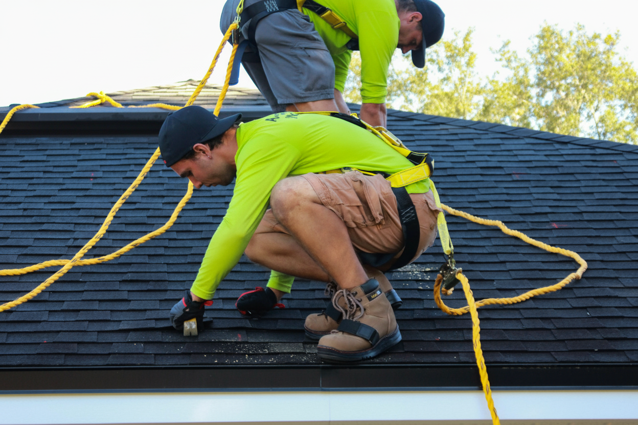 Two workers wearing safety harnesses and bright green shirts are installing or repairing shingles on a roof. One is crouched down using a tool, while the other is standing behind, secured with yellow ropes.