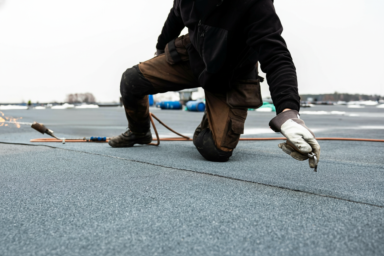 Professional roofing contractors installing flat roof materials on commercial building