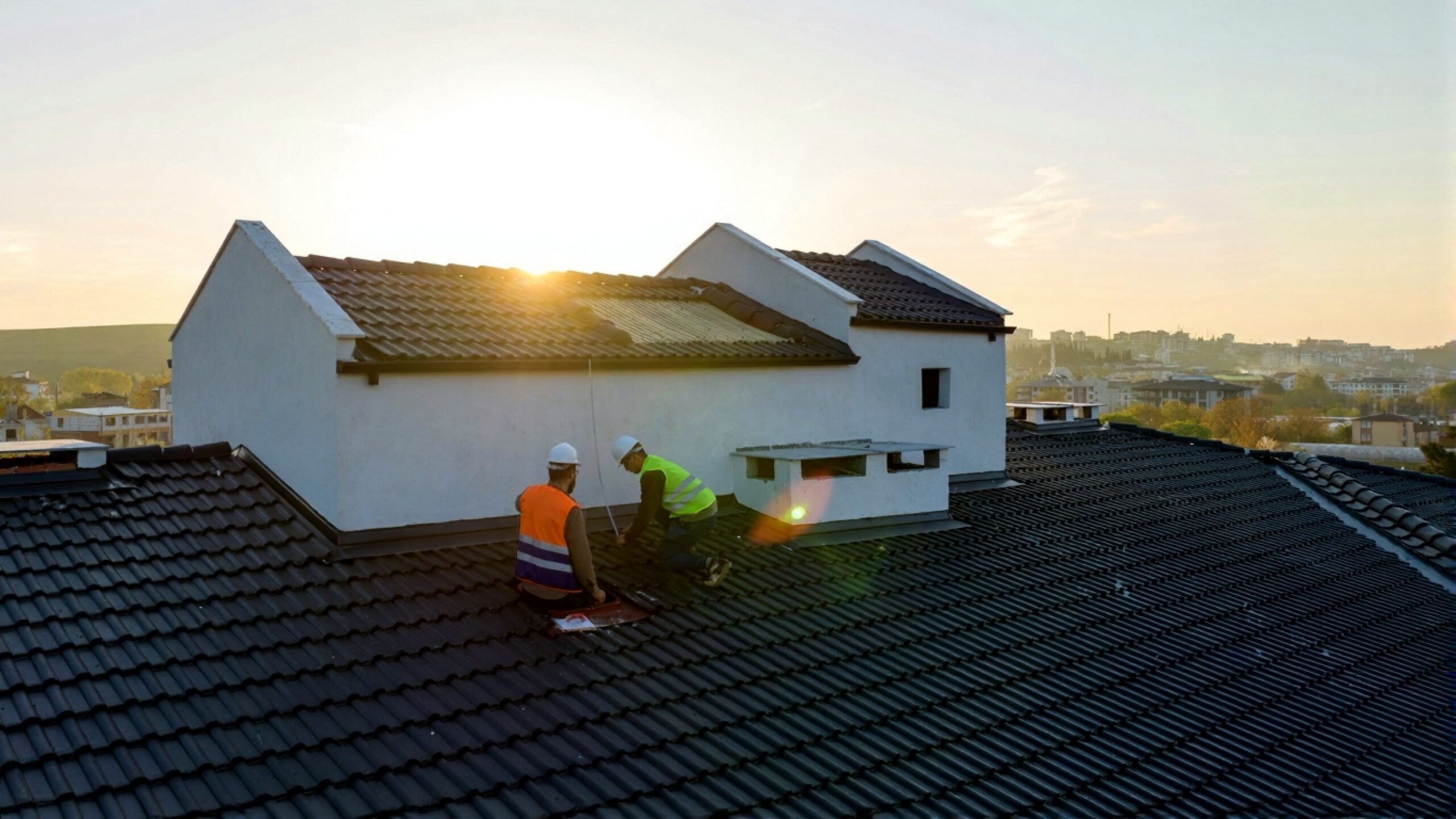 Roofing contractor examining flat roof damage with property owner