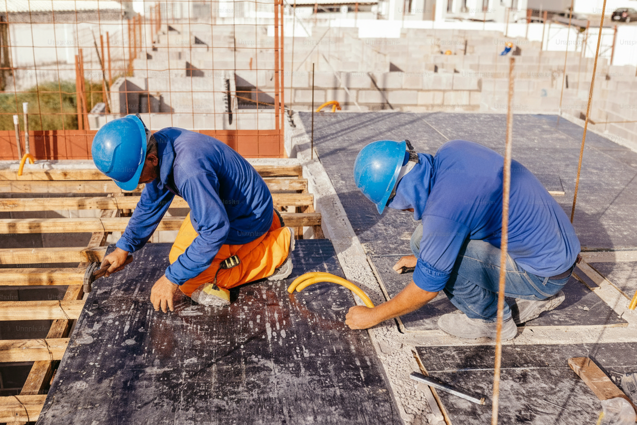 Roofing team working on flat roof membrane installation