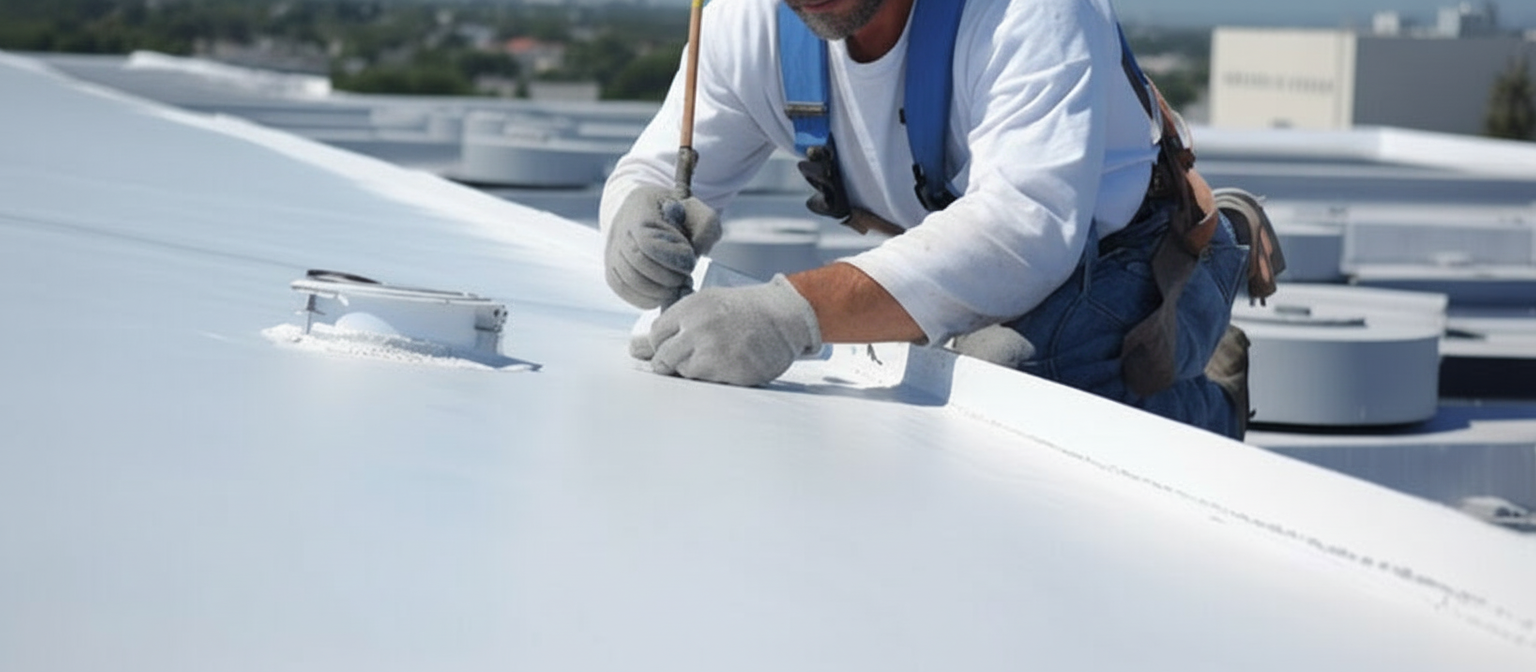 Team of roofing professionals working on flat roof leak repair and membrane installation