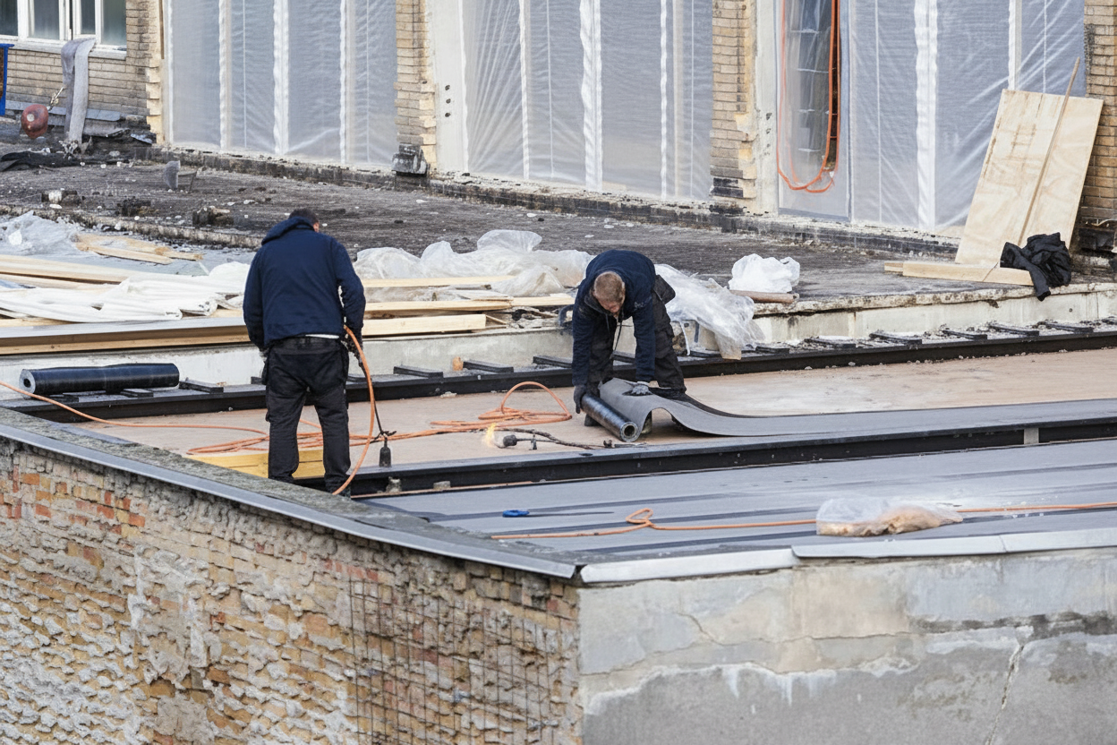 Two construction workers in dark clothing install roofing material on a flat building roof, using tools and orange extension cords. Building materials and equipment are scattered around the rooftop.