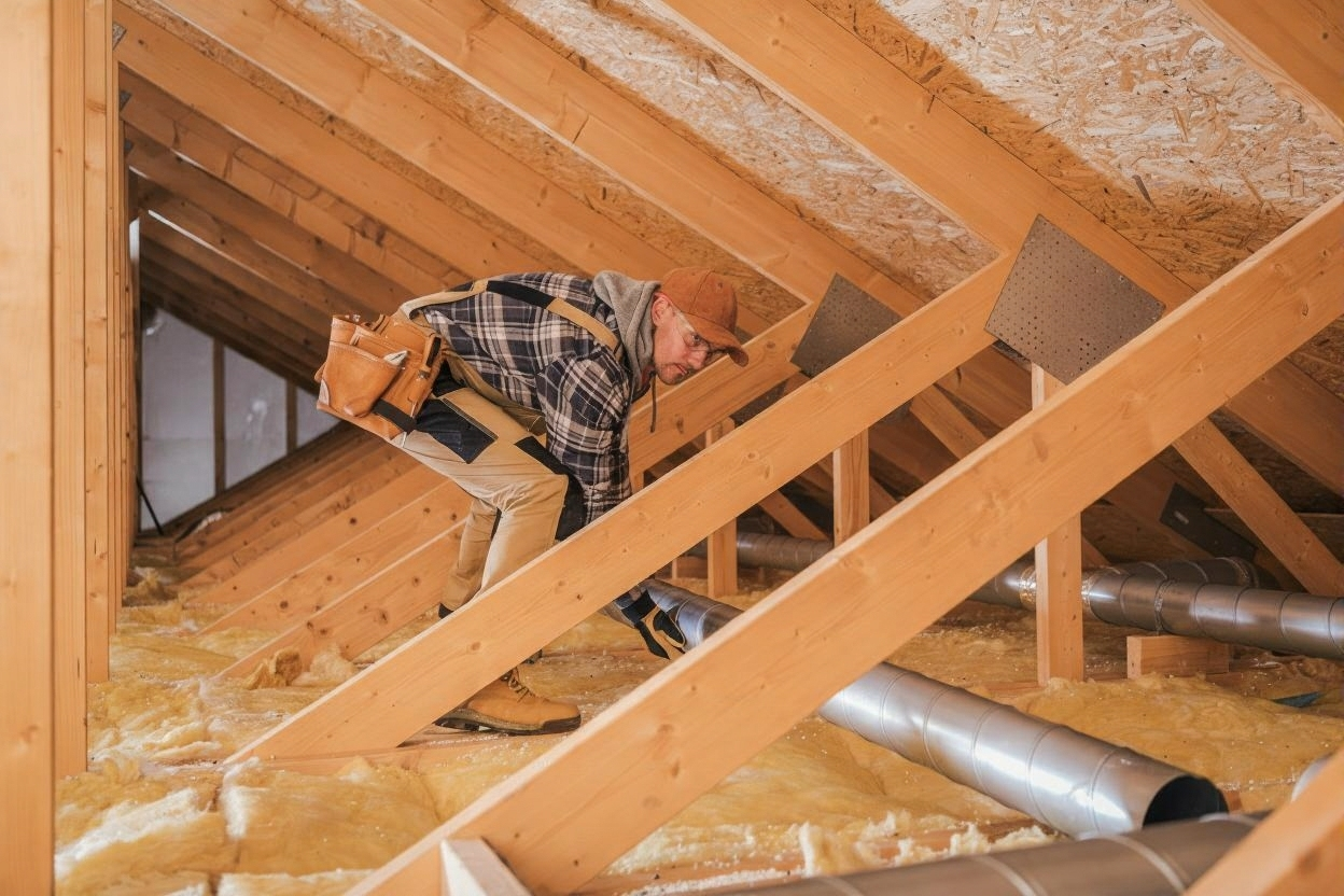 A person wearing work clothes and a tool belt is inspecting or installing ventilation ducts in an unfinished attic with exposed wooden beams and insulation on the floor.