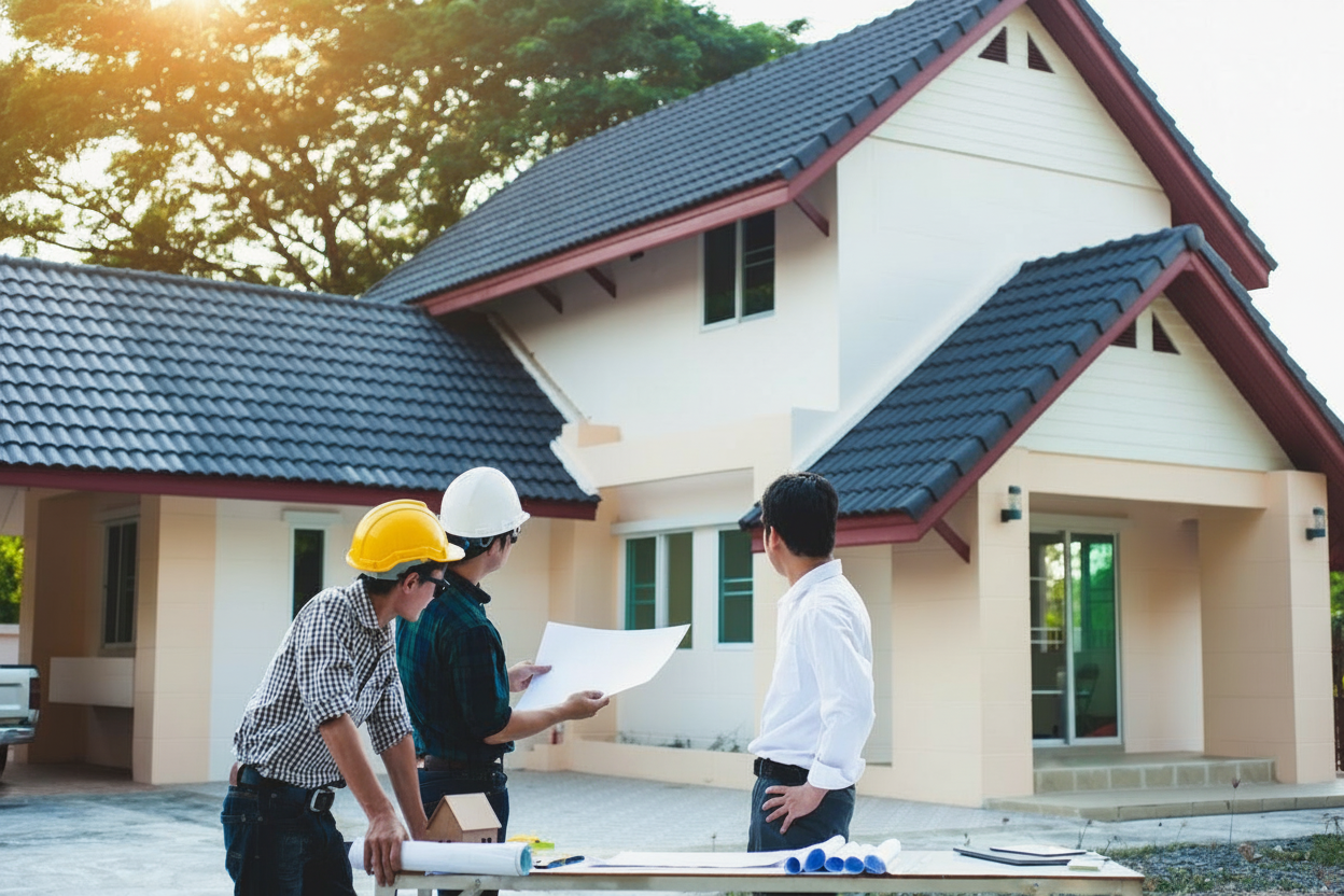 Three men, two wearing hard hats, stand in front of a modern house under construction. They are holding blueprints and discussing plans while observing the building.