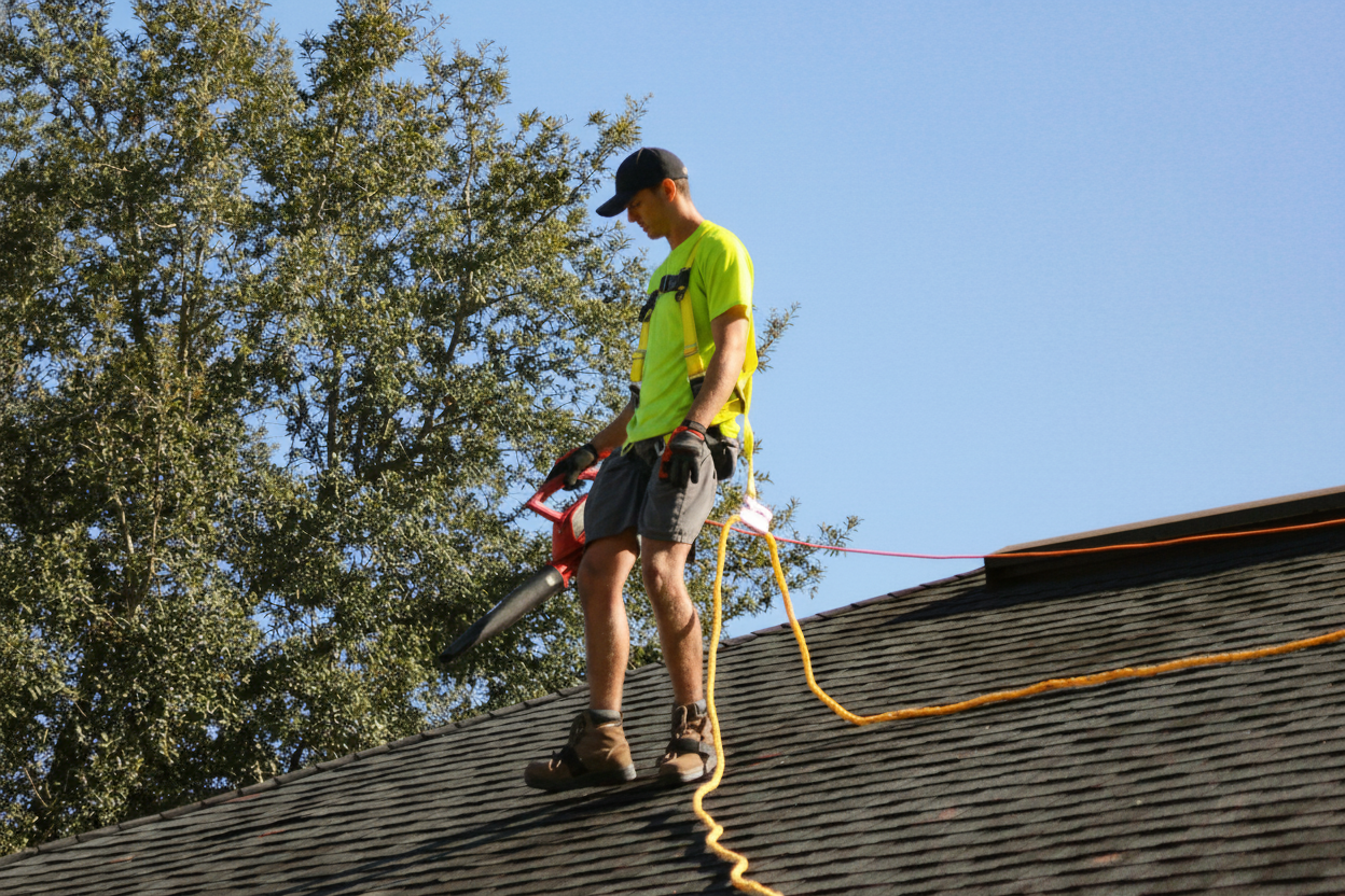 A person in a neon yellow shirt, shorts, boots, and a cap stands on a sloped roof, holding a leaf blower. An orange safety line is attached to their harness, and a tree is visible in the background against a clear sky.