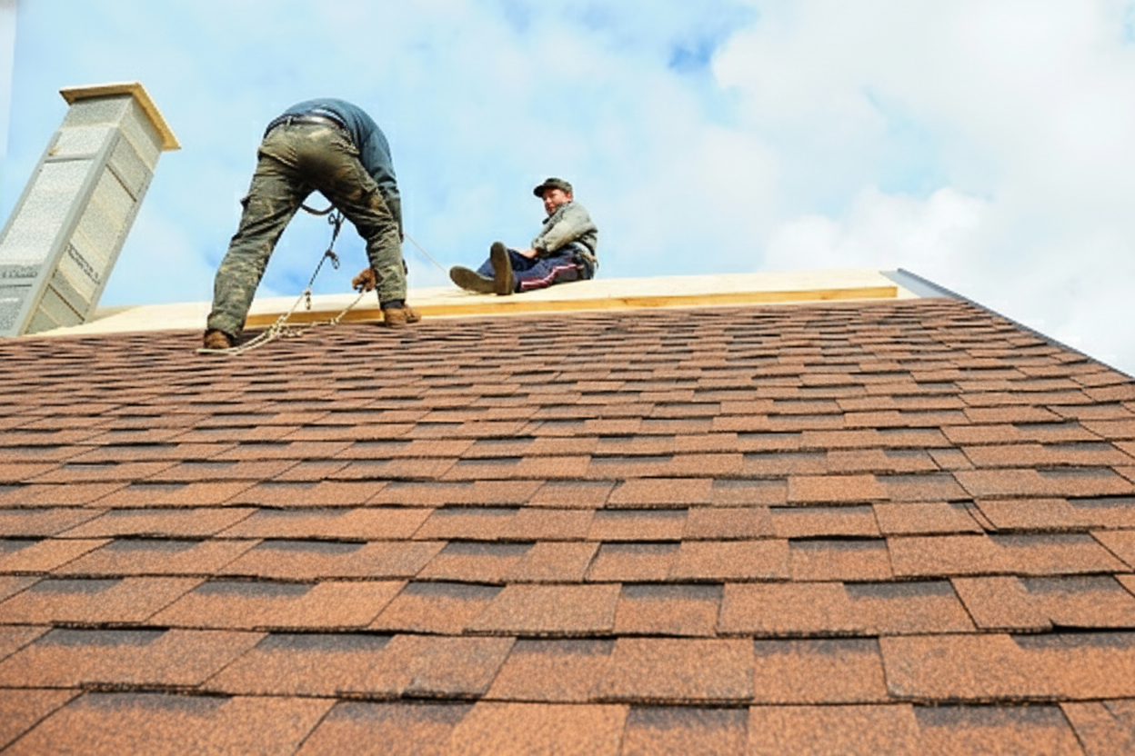 Professional roofing contractors working on a residential roof replacement in Florida, showing the installation process with workers visible