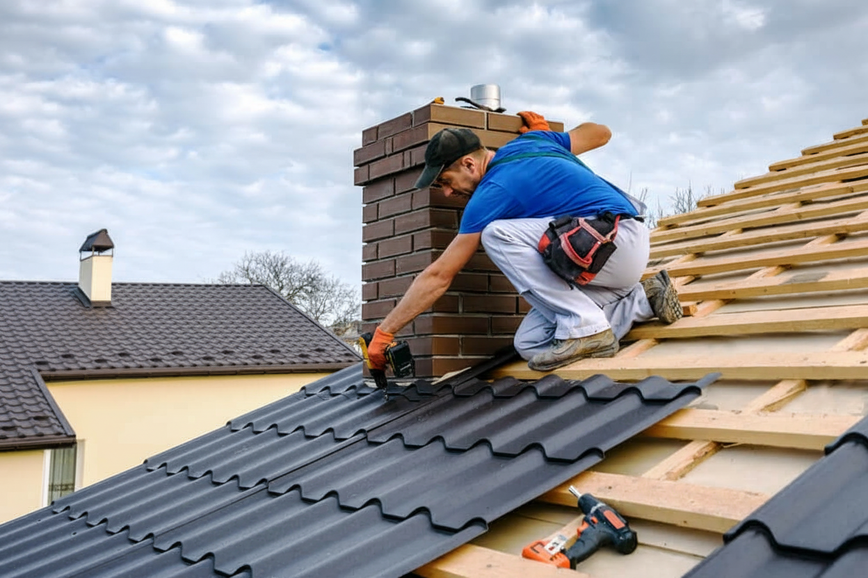 A worker wearing gloves and a cap installs black metal roofing sheets on a house, using tools and working near a brick chimney under a cloudy sky.