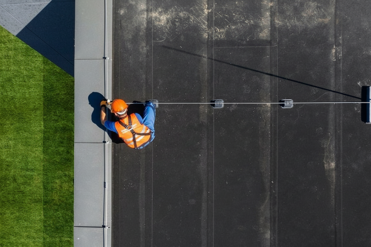 A construction worker wearing an orange safety vest and helmet is secured by a safety harness while working on a rooftop next to a patch of green grass, viewed from above.