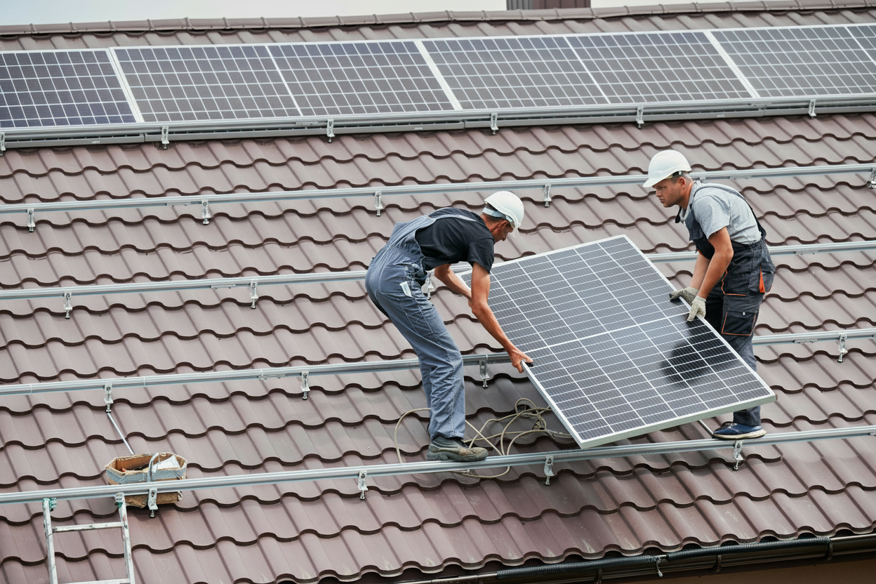 Two workers in safety helmets and overalls install a solar panel on the roof of a house, with several solar panels already mounted on the brown tiled roof.
