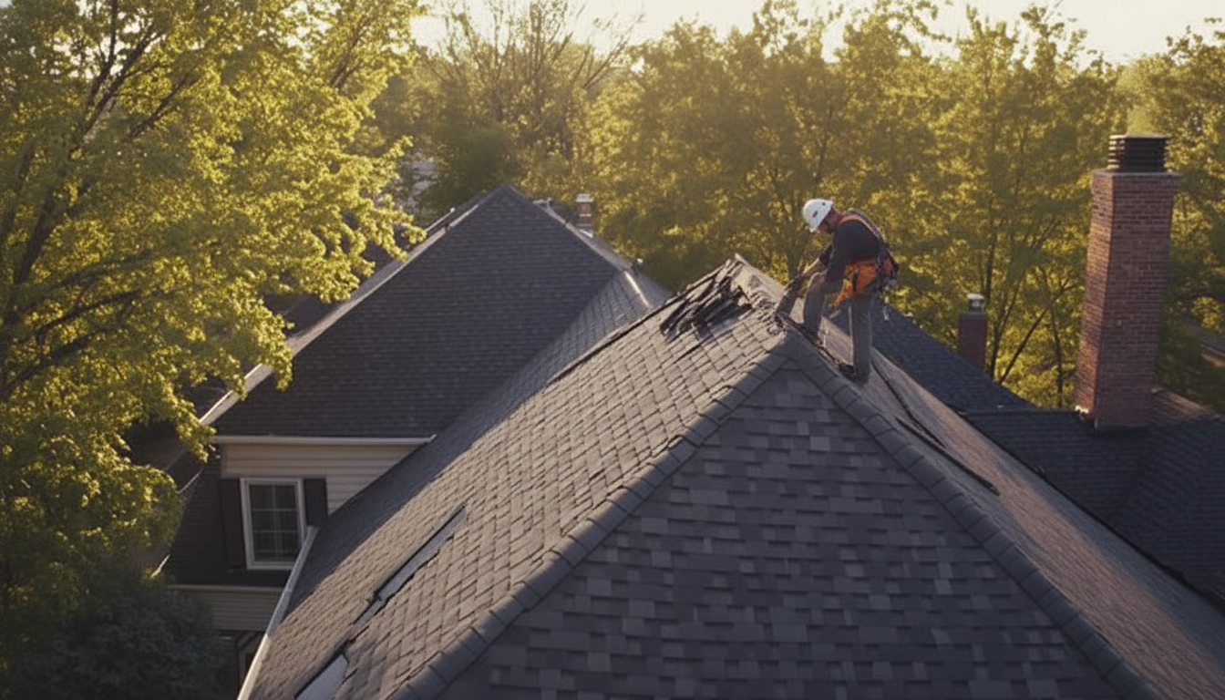A worker in safety gear stands on the steep roof of a house, preparing roofing materials. Surrounding trees and neighboring houses are visible in the background under soft sunlight.