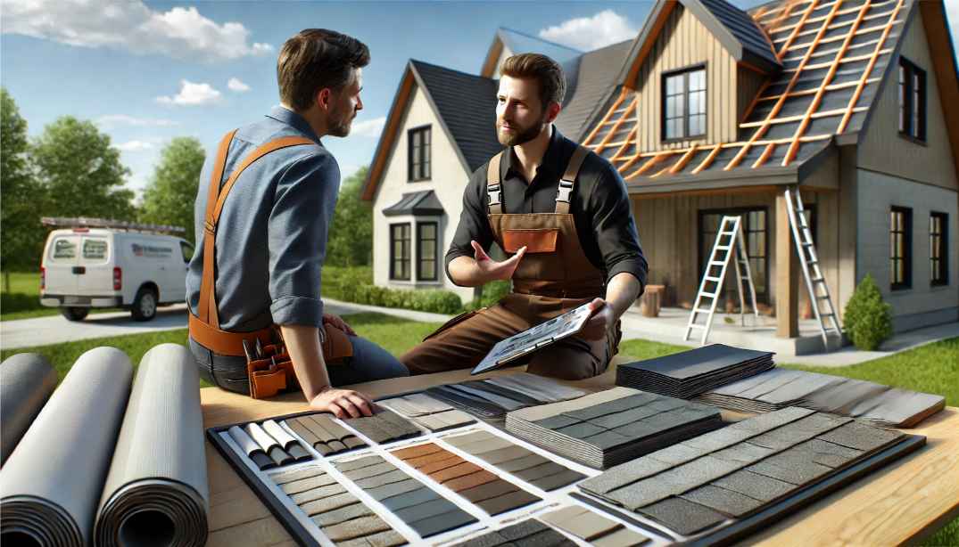 Two men in work clothes discuss roofing materials at a table covered with samples, rolls, and tiles. A house under construction and a van are in the background, with a ladder propped against the roof.