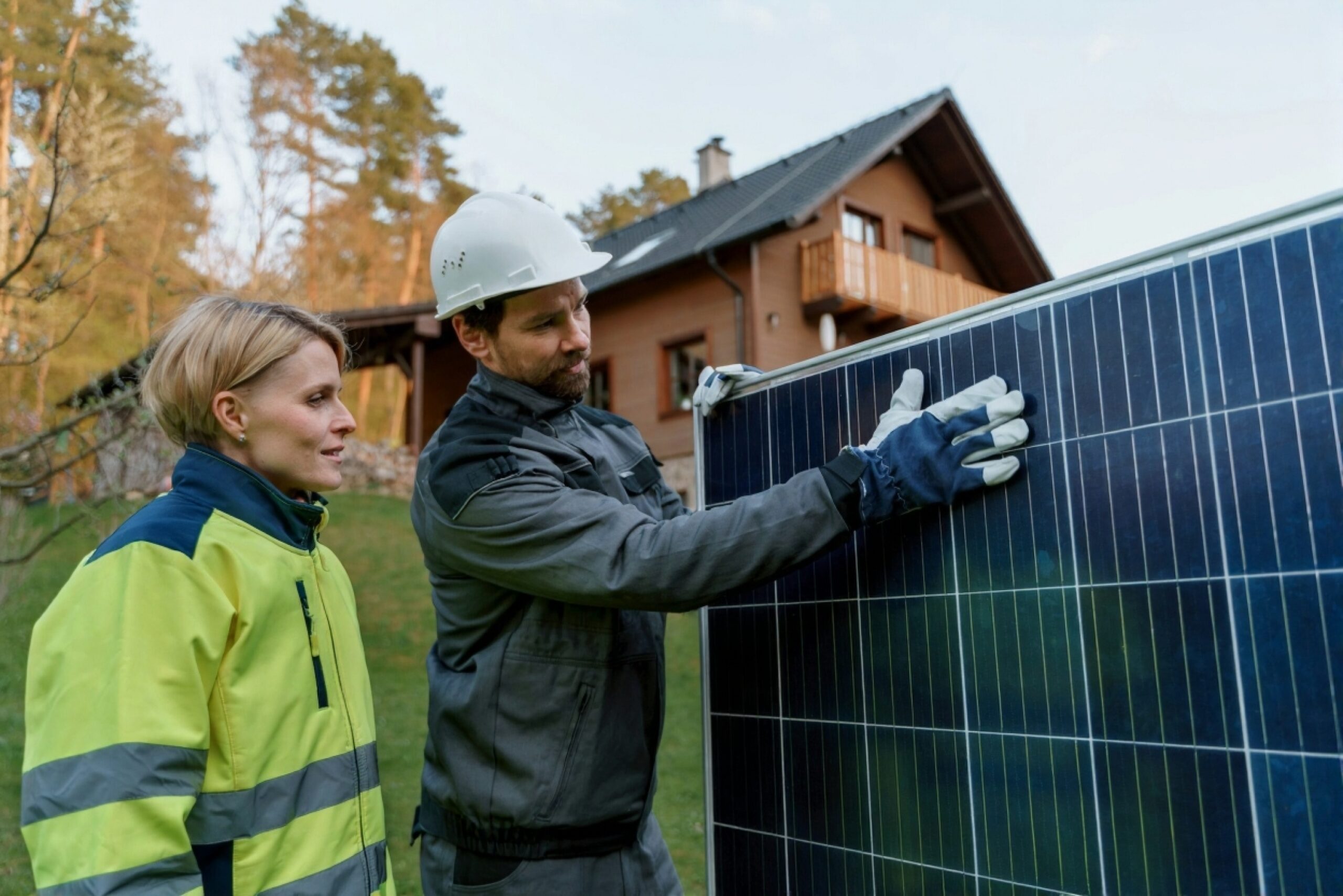 Two workers, one in a high-visibility jacket and one in work overalls and a white helmet, examine a solar panel outdoors near a house with trees in the background.