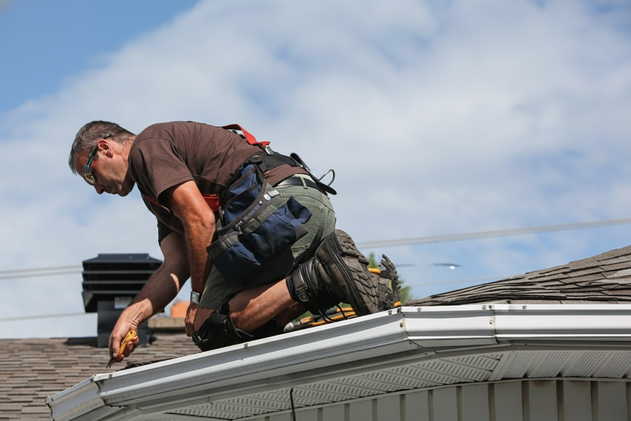 Happy homeowners examining their new durable roof shingles, demonstrating satisfaction with weather-resistant roofing materials