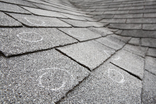 Homeowner and roofing contractor inspecting impact-resistant shingles up close, discussing roof protection options