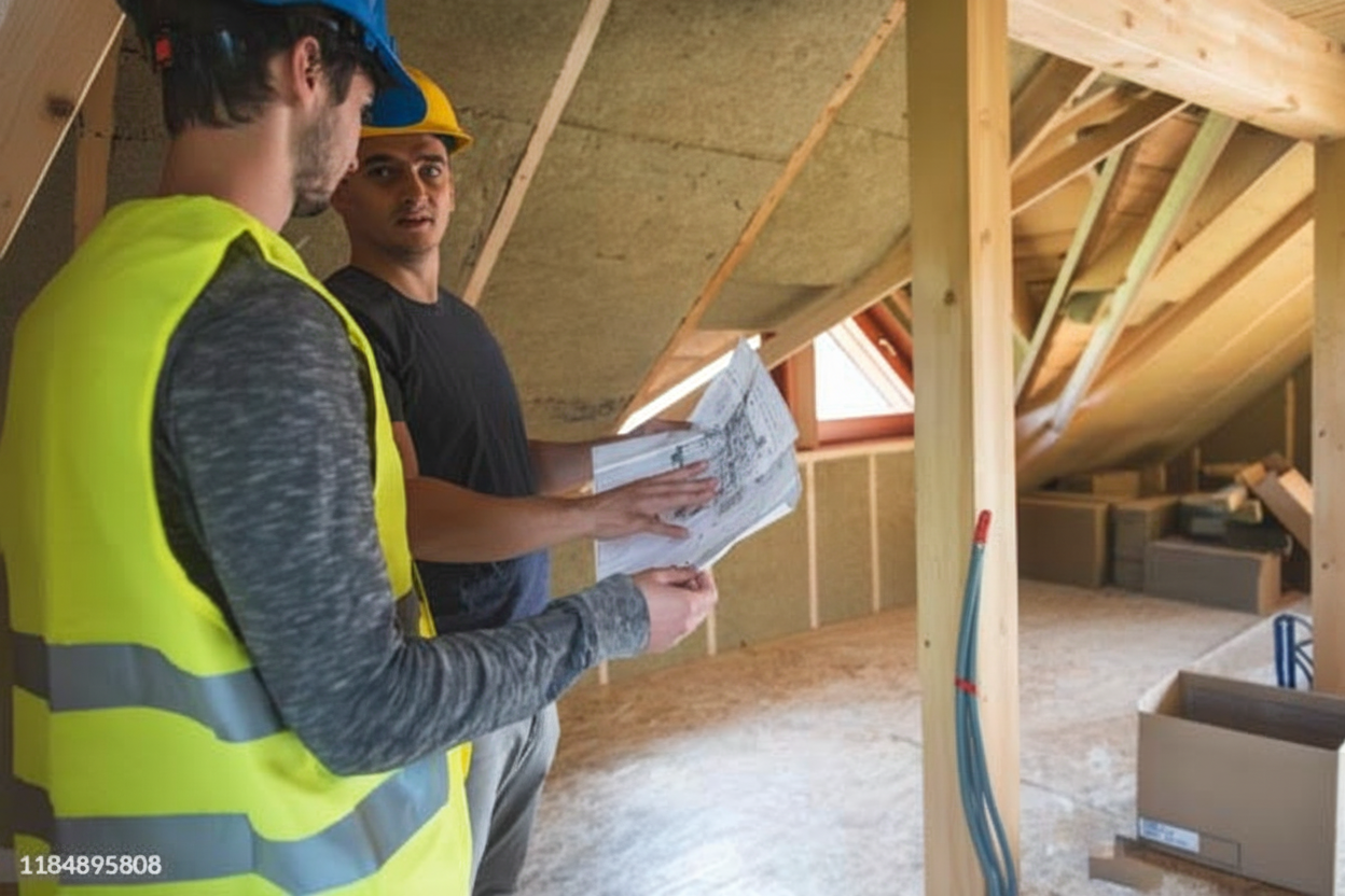 Homeowner and contractor inspecting a freshly painted metal roof, discussing the quality and finish