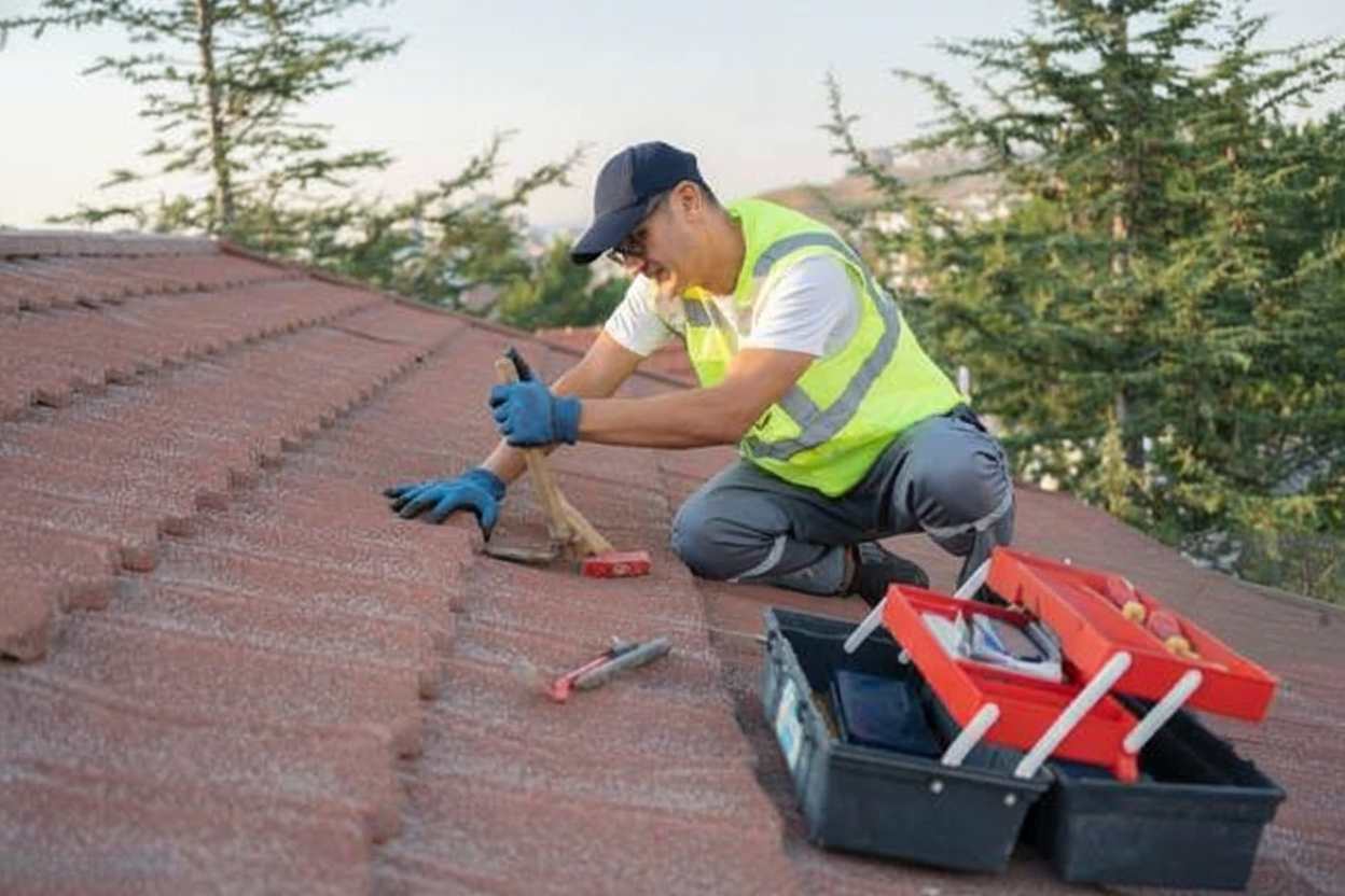 A worker wearing a yellow safety vest, cap, and gloves uses a hammer to repair a red tiled roof. Nearby, there is an open toolbox with various tools. Trees are visible in the background.