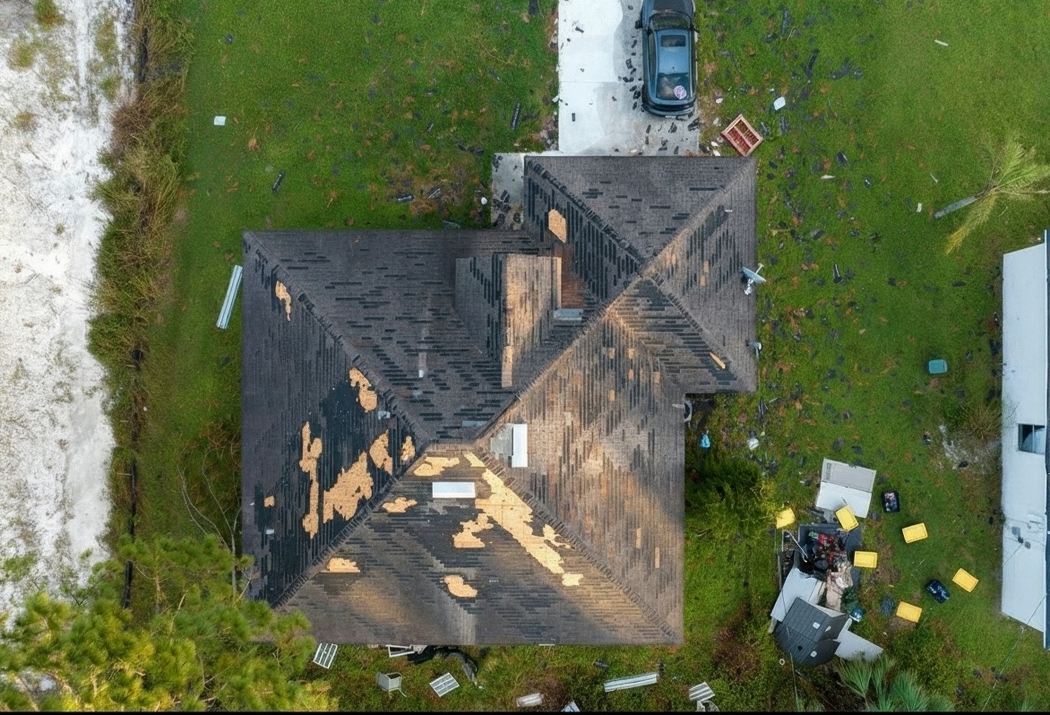 Homeowner wearing safety gear inspecting damaged roof shingles up close, showing DIY roof repair preparation