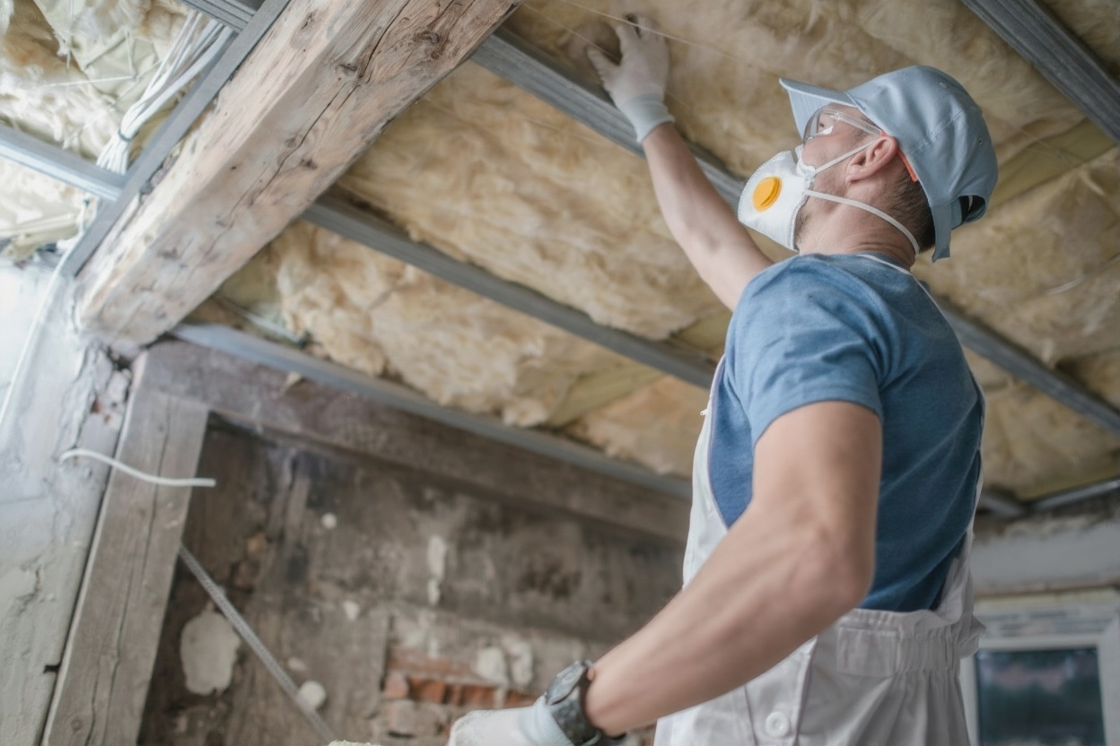 A person wearing a mask, gloves, and a cap installs insulation material in the ceiling of a partially renovated room with exposed walls and beams.