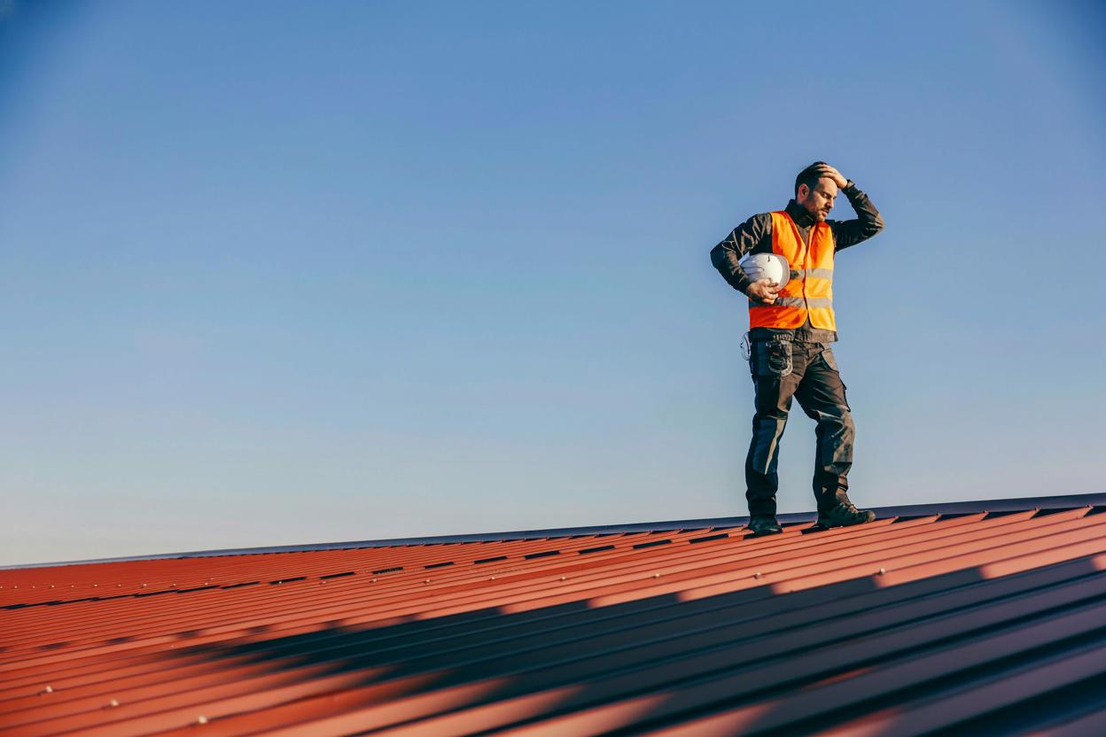 A construction worker in a safety vest stands on a sloped metal roof, holding a white hard hat and looking into the distance with one hand on his head, under a clear blue sky.