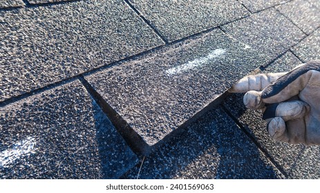 Homeowner with roofing contractor inspecting shingle condition after severe weather, discussing hurricane protection options