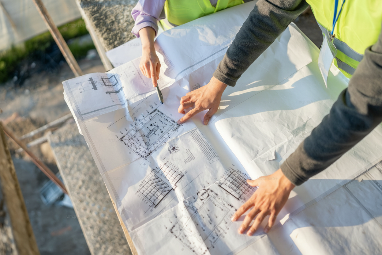Homeowner and roofing contractor reviewing metal roofing samples and plans together, depicting professional consultation and decision-making process