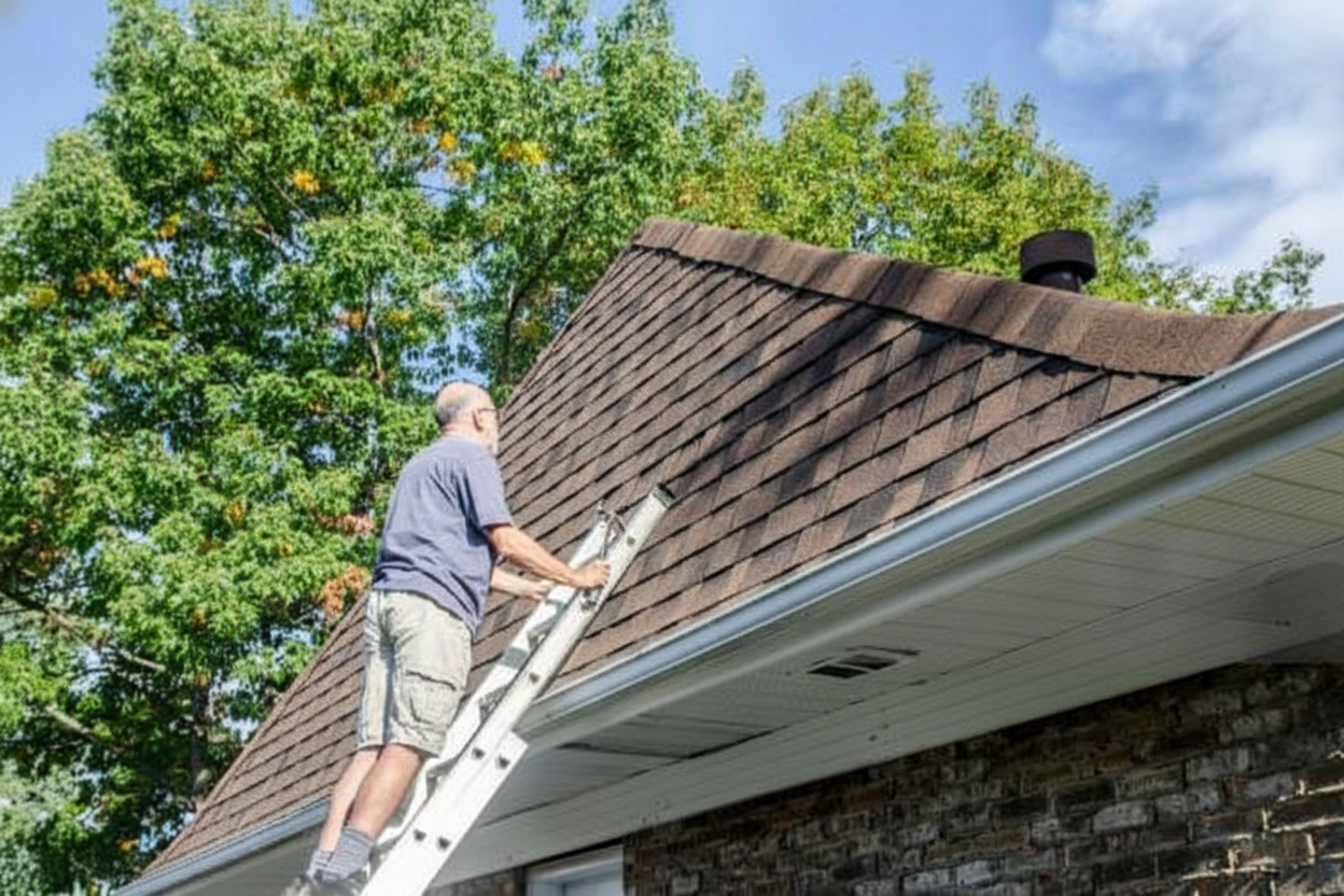 Homeowner performing DIY roof shingle repair work, applying roofing cement to damaged shingles