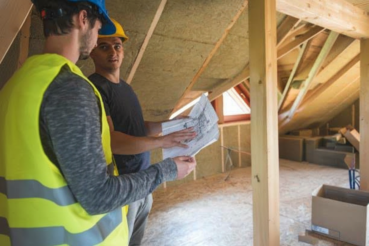 Homeowner and contractor inspecting roof