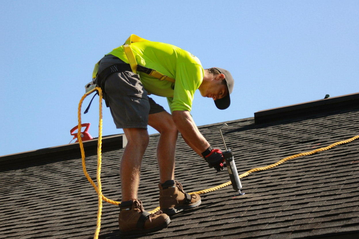 A construction worker in a bright yellow shirt and safety gear uses a nail gun to secure shingles while working on a sloped roof under a clear blue sky.