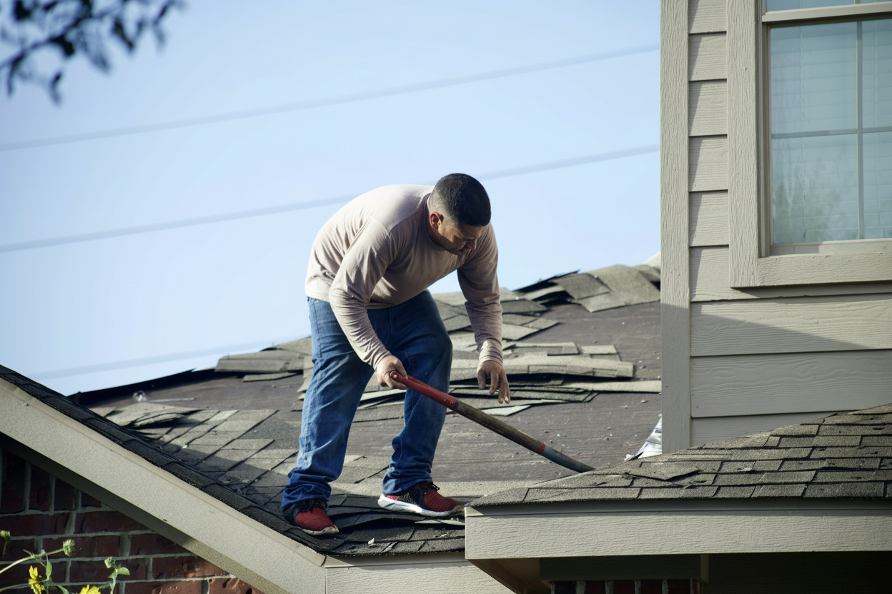 A man in a beige shirt and jeans repairs shingles on a house roof using a flat tool, with shingles scattered around him on a sunny day.