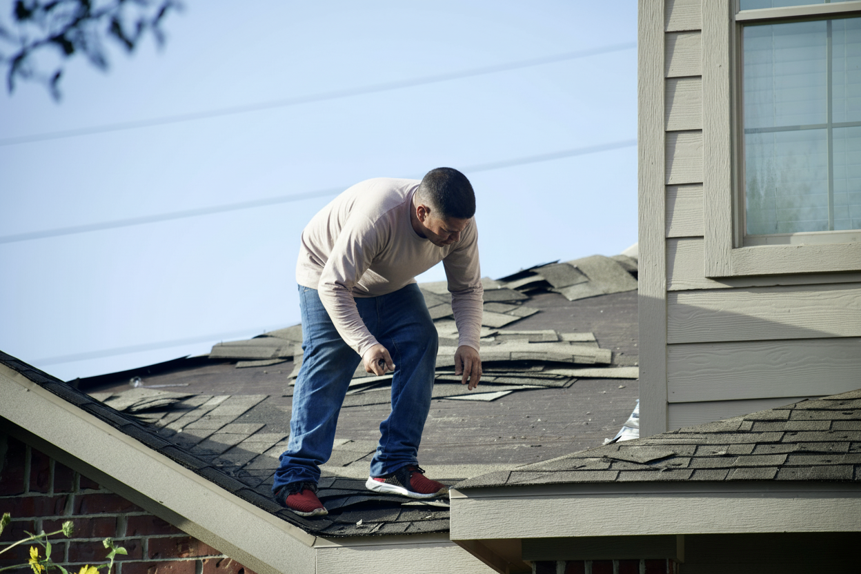 Homeowners consulting with roofing contractor about energy-efficient roofing materials, standing outside looking at roof
