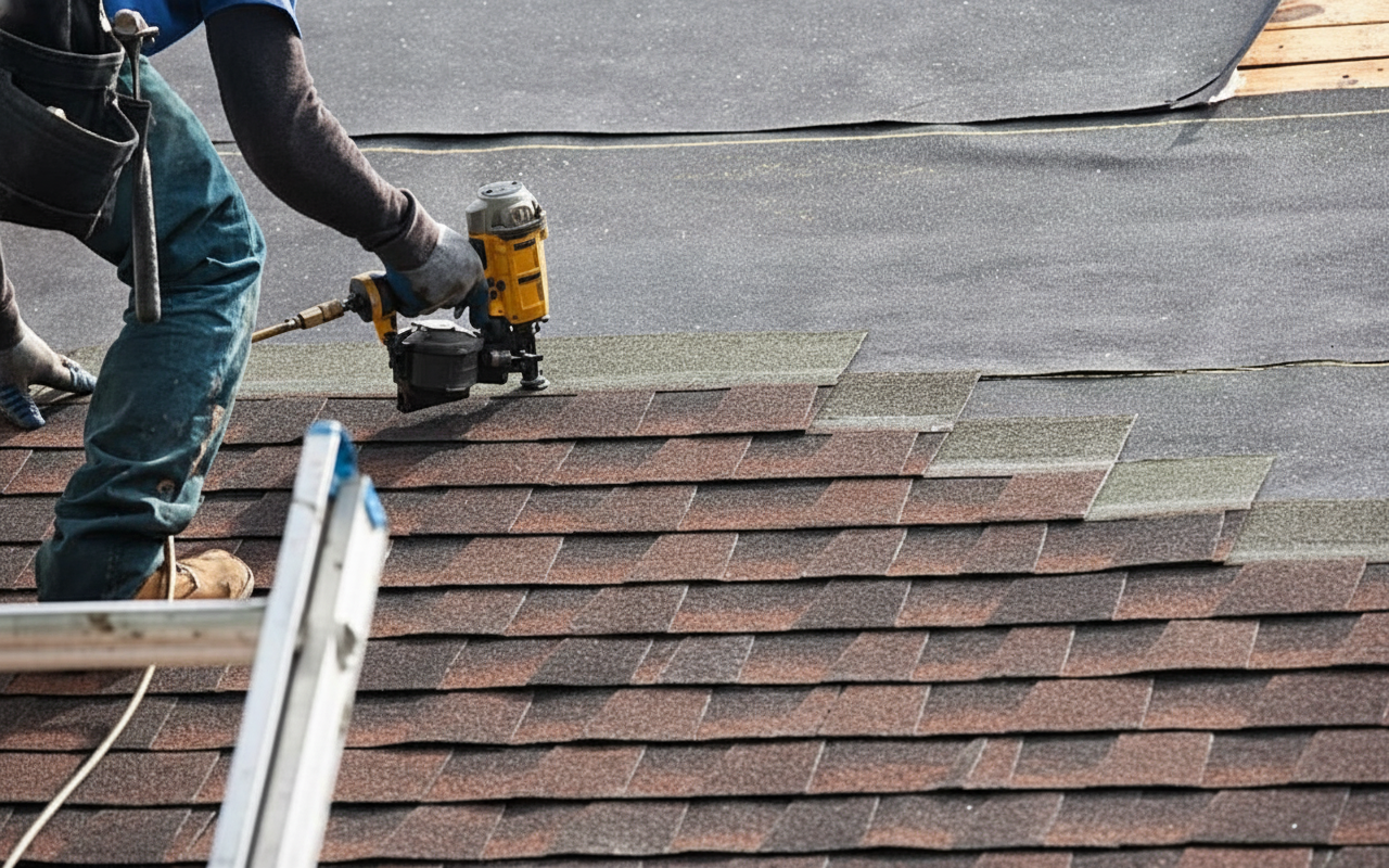Professional roofer installing impact-resistant shingles on a residential home, showing the installation process with workers on the roof