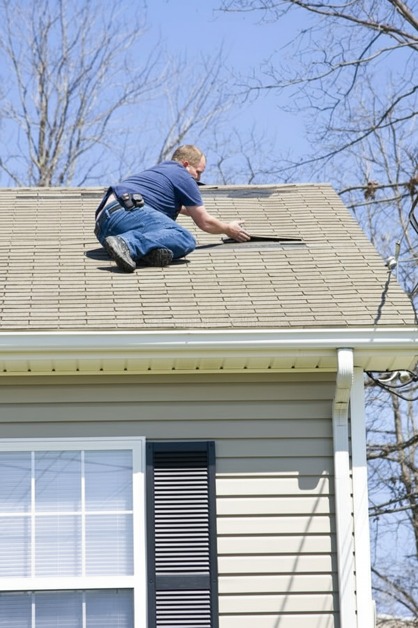 Insurance adjuster carefully documenting roof damage with clipboard and camera for accurate claim assessment