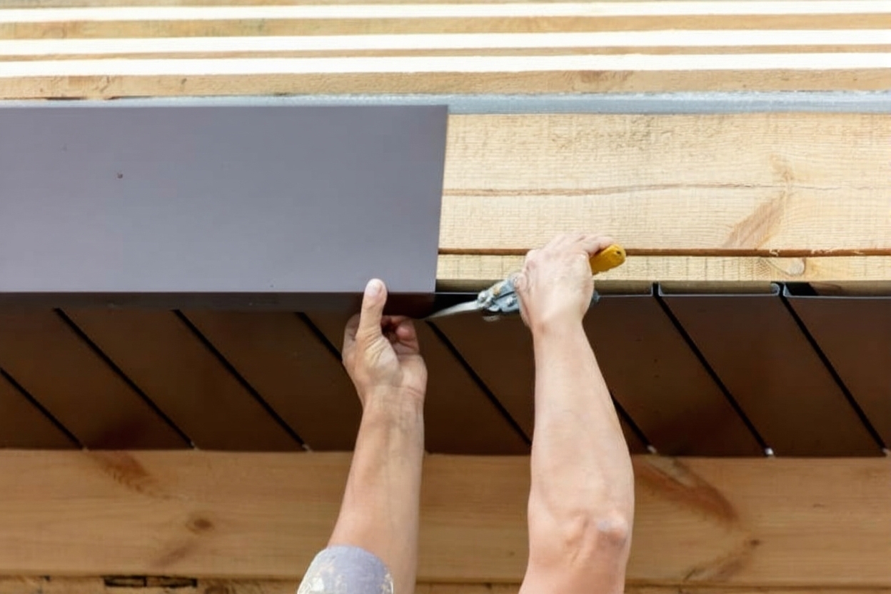 A person uses tin snips to cut and install a dark metal soffit panel under a wooden roof overhang.