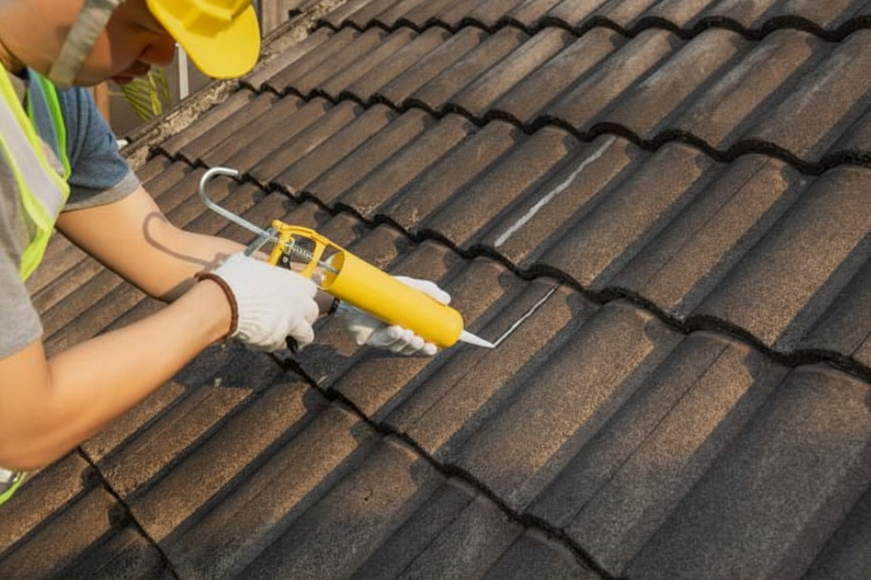 Roofing technician applying sealant to repair metal roof seams and prevent leaks