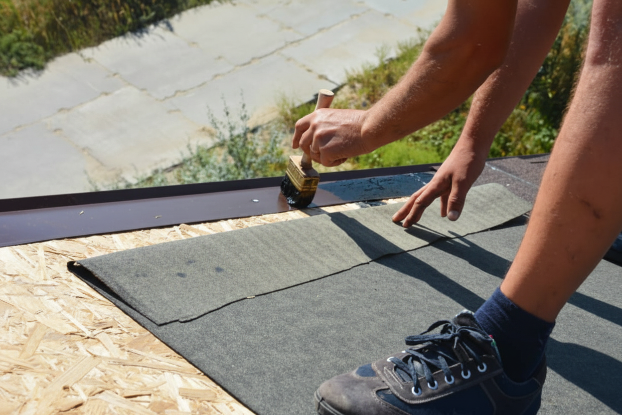 Professional roofers installing energy-efficient metal roofing on a residential home, showing the installation process with workers in safety gear