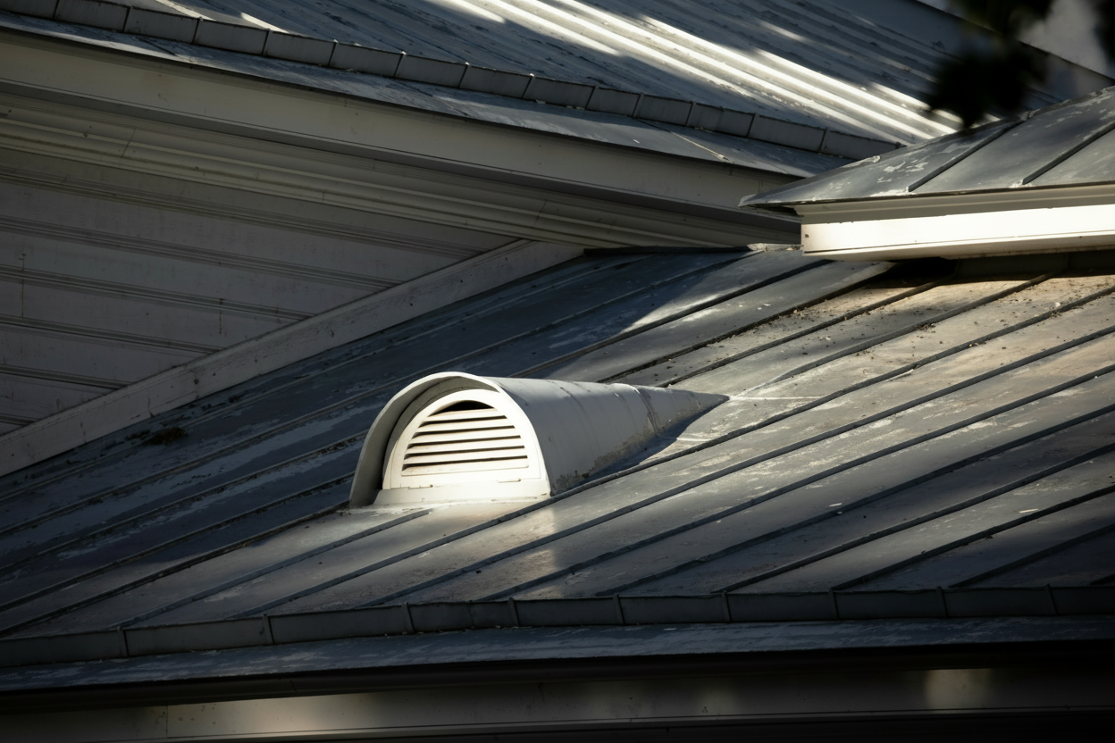 A close-up view of a metal roof with a curved white vent and sunlight casting shadows across the surface. The roof panels have visible seams and ridges, adding texture to the scene.
