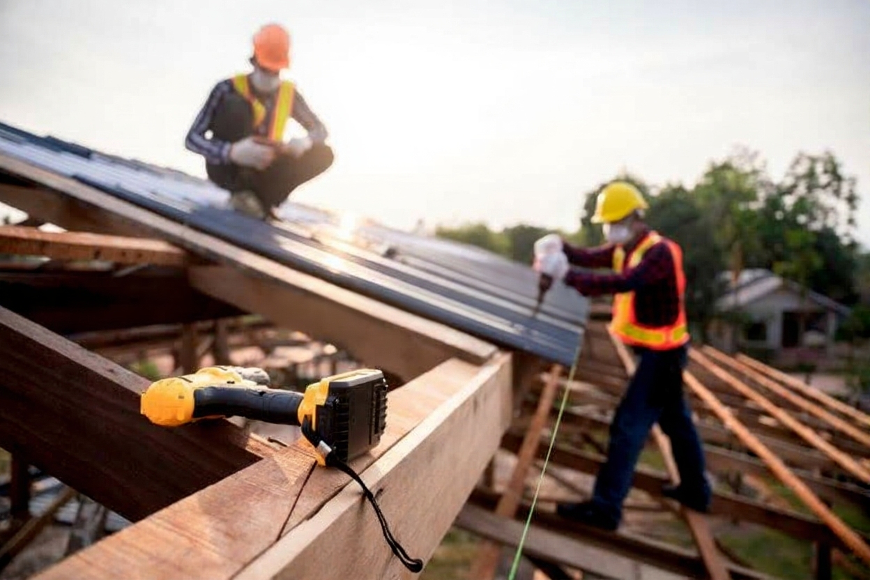 Two construction workers wearing safety gear work on a house roof; one is squatting on the roof, while the other uses a power drill. A cordless tool lies in the foreground on a wooden beam.